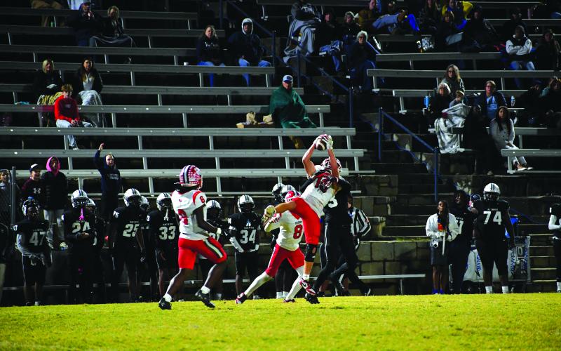 Wesley Branch/The Clayton Tribune. Rabun County senior Reid Giles intercepts a pass from Elbert County’s Reunte Tucker to seal the 31-23 victory for the Wildcats over the Blue Devils on Oct. 31. Giles finished with the interception and 170 total yards in the win. The Wildcats now will host Dodge County on Nov. 14 in the state playoffs.