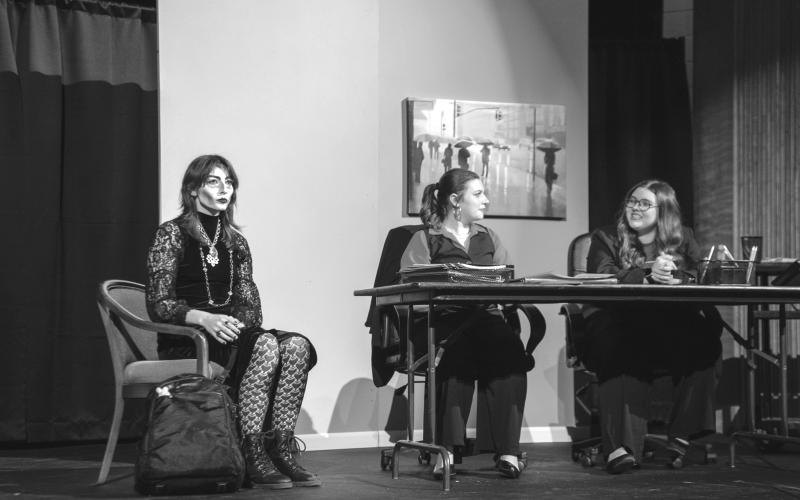 Submitted Photo. Senior Josslyn Webber gives an award-winning performance in her role as Nancy Neimeier, with her black and white personality, who troubles Jackie Southern, played by Jo Newell, and Rita Morales, played by Allison York, who are trying to hire a new secretary for their company.