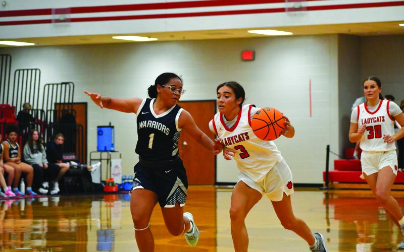 Wesley Branch/The Clayton Tribune. Rabun County junior Addy Beth Owens drives to the basket in Rabun County’s home opener against White County. The Lady Cats lost 52-43.
