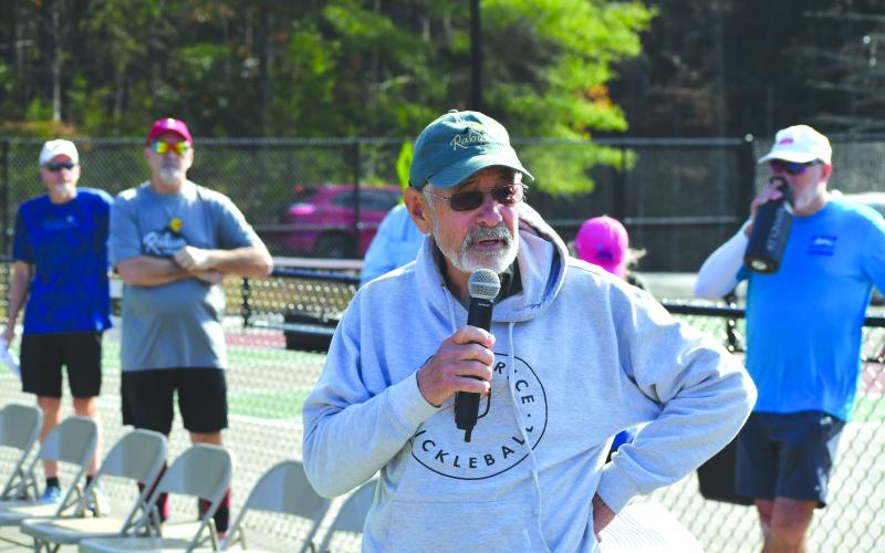 Wesley Branch/The Clayton Tribune. Rabun County Pickleball Club President Larry Walker addresses the crowd at the pickleball court dedication in Tiger on Nov. 19.