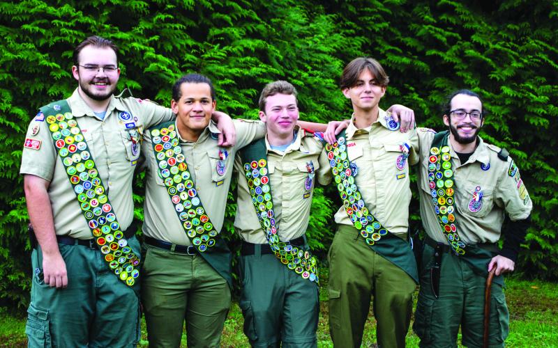 Submitted Photo. Liam Broz, Ben McKissack, Quinn Weingartz and Koda Rodriguez pose together as five of this year’s new Eagle Scouts in Rabun County.