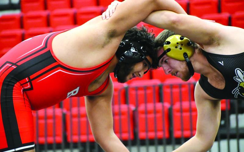 Wesley Branch/The Clayton Tribune. Rabun County sophomore Joseph Gonzalez battles with a Hayesville (N.C.) wrestler in his first match of the night on Dec. 10.