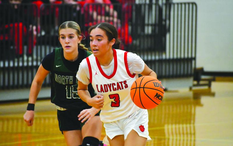 Wesley Branch/The Clayton Tribune. Rabun County junior guard Addy Beth Owens dribbles down the court in Rabun County’s 53-45 win over North Hall on Nov. 25. Owens led the team in scoring with 21 points.