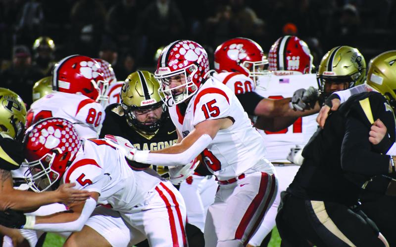 Wesley Branch/The Clayton Tribune. Rabun County senior Reid Giles navigates through Pepperell’s defense in the Wildcats’ 34-0 state quarterfinal loss to the Dragons on Nov. 28. Giles, the Class A Division I Region 8 “Athlete of the Year,” finished the game with 121 all-purpose yards.