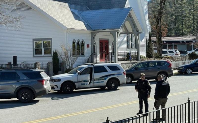 Josh Bryson/The Highlander. The Highlands Police Department, Macon County Sheriff’s Department and Highlands Fire and Rescue respond to the swatting incident at the Church of the Incarnation on Dec. 11.