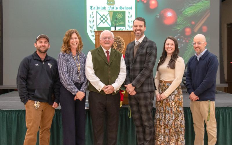 Photo courtesy of TFS. Brent Baker, Sonya Chesser, President and Head of School Dr. Larry A. Peevy, Jeremy Stille, Katlyn Alley, and Dr. Kevin Barbour celebrate their Outstanding honors at the end-of-year awards ceremony.