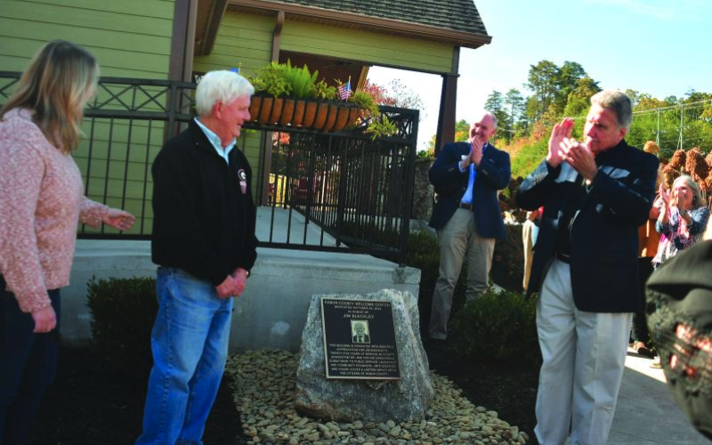 File/Enoch Autry/The Clayton Tribune. Jim Bleckley received an extra birthday surprise on Oct. 24 as the Rabun County Welcome Center was dedicated in his honor. Bleckley served as the county administrator for more than 24 years.