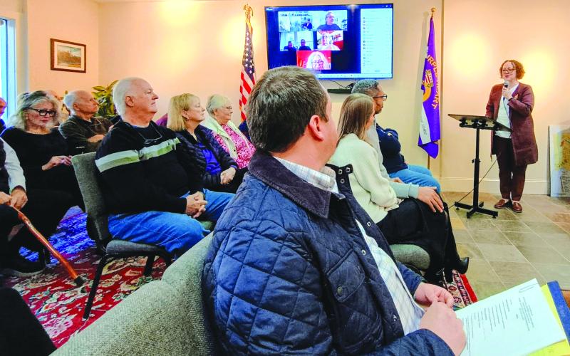 Megan Horn/The Clayton Tribune. Sky Valley Mayor Benita Cotton-Orr speaks to a room full of community members at Sky Valley City Hall Tuesday, Jan. 6, after being sworn-in. She spoke of many goals for the year and pledged to foster transparency and government efficiency during her time as mayor.