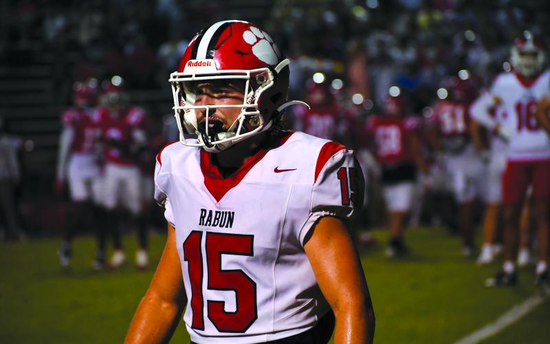 Wesley Branch/The Clayton Tribune. Rabun County senior Reid Giles looks to the sideline in Rabun County’s 49-42 win over Dalton on Sept. 5. Giles was named Georgia High School Football Daily Player of the Week for his performance versus Dalton and was named All-State this season.