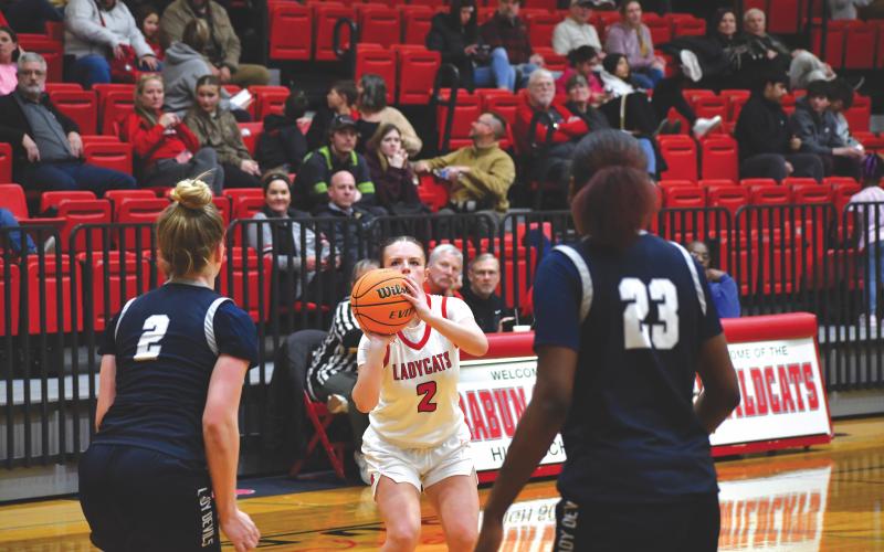 Wesley Branch/The Clayton Tribune. Rabun County junior guard Adelyn Thompson lines up a 3-pointer in Rabun County’s 54-49 loss to Elbert County on Jan. 20. Thompson finished with a team-high 16 points in the game.