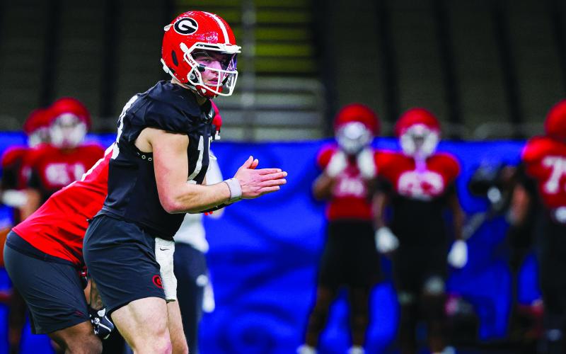 Tony Walsh/UGAAA. Current UGA and former Rabun County quarterback Gunner Stockton in Georgia’s practice session before the Sugar Bowl versus Ole Miss on Jan. 1. Stockton had 223 total yards and three touchdowns in Georgia’s 39-34 Sugar Bowl loss.