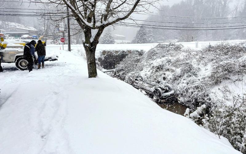Photo courtesy of Clayton Police Department Assistant Chief John Grist. This 2019 Dodge Ram overturned in a creek on Old Highway 441 South at Duvall Street in Clayton during Winter Storm Gianna on Jan. 31.