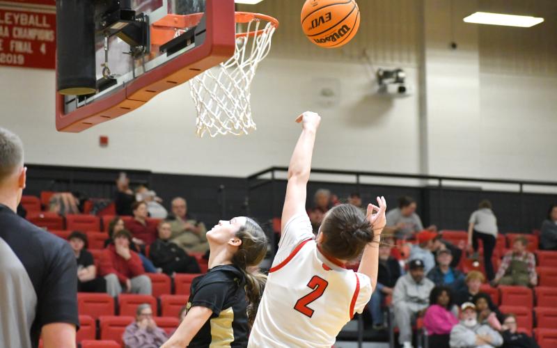 Wesley Branch/The Clayton Tribune. Rabun County junior Adelyn Thompson follows through after a floater in Rabun County’s 68-26 win over Commerce on Feb. 12. Thompson scored a game-high 16 points in the triumph.