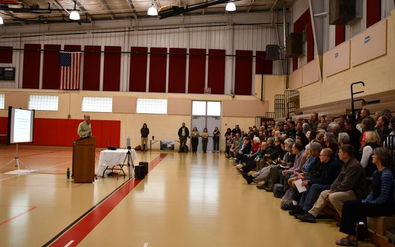 Megan Horn/The Clayton Tribune. U.S. Forest Service officials speak to a large crowd on Feb. 18 at the Rabun County Recreation Department for the fourth annual Foothills Landscape Project Stakeholder meeting.