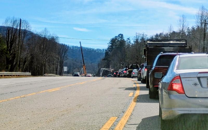 Megan Horn/The Clayton Tribune. Traffic was snarled on Tuesday on Highway 441 between Mountain City and Rabun Gap as crews worked on power lines. The current phase of the road expansion is set to continue until Halloween 2027.