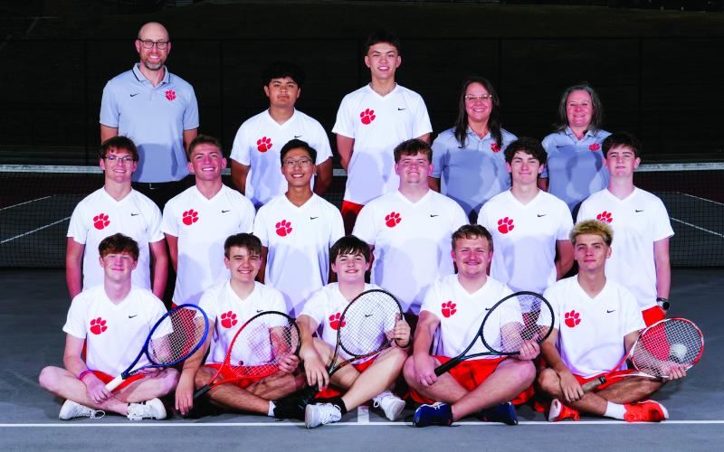 Photo courtesy Rabun County High School. The Wildcat tennis team has kept its winning ways in 2026. Back Row: Head Coach Bryan Getty, Noel Vasquez, Braylon Kelly, Assistant Coach Jenn Ramey and Assistant Coach Lara Quinn. Middle Row: Lleyton Phillips, Ashden Denning, Jack Getty, Travis Keener, Brady Darnell and Andrew Conner. Front Row: Rhett Walker, Gunner McCracken, Walker Dixon, Maxwel Cox and Kobe Smith.