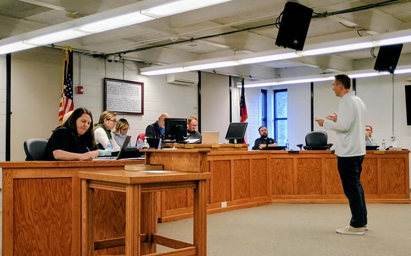 Megan Horn/The Clayton Tribune. Rabun County Water and Sewer Authority (RCWSA) member Brett Cohee updates council members on happenings as the city’s representative on the Authority. Council members thanked Cohee for his 14 years of service on the Authority. They plan to vote on a new member next month.