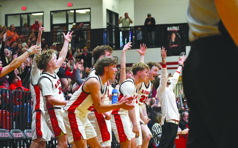 Wesley Branch/The Clayton Tribune. The Rabun County bench erupts after sophomore Graham Anderson knocks down a 3-pointer late in Rabun County’s 84-52 win over Heard County on Feb. 28 in the Sweet 16. The Wildcats hosted Fannin County in the Elite Eight on Wednesday, March 4, after The Clayton Tribune’s press deadline.
