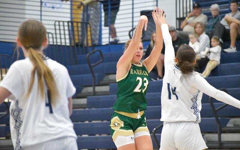 Wesley Branch/The Clayton Tribune. Rabun Gap junior Kadence Vanover holds the release on a 3-pointer versus West Hall on Nov. 8, 2025. Vanover was named to the All-CAA team this season, leading the Rabun Gap girls in scoring with 12 points per game.