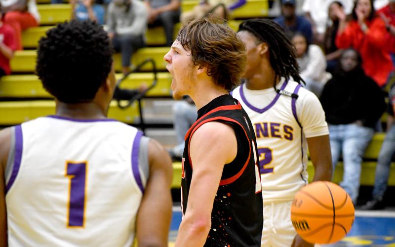 Wesley Branch/The Clayton Tribune. Rabun County senior Huey Blalock celebrates after an and-one in Rabun County’s 70-59 win over Fitzgerald in the Final Four. Blalock posted a triple-double in the win, scoring 18 points in the second half.