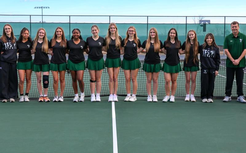 TFS Athletics.  The Tallulah Falls School Girls tennis team members are Ruby Sue Anderson, Ava Carnes, Jaeda-Lee Daniel-Joseph, Catherine Harris, Azaria Junaid, Malwina Mroczek, Madison Phillips,  Charlotte Stafford, Elizabeth Stafford, Keira Webb and Lilli Whittle.