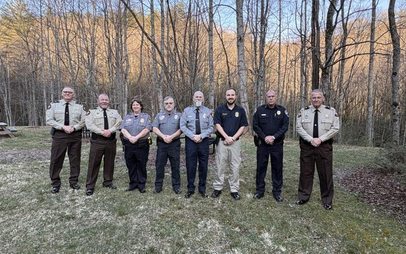 Photo courtesy of the Sky Valley Police Department. Sky Valley police officers were sworn-in as deputies with the Rabun County Sheriff’s Office (RCSO) March 17. Pictured are RCSO Chief Deputy Michael Pearson, left; Sheriff Mark Gerrells; Officer Dottie Clark; Lt. David Edwards; Chief Ron Baumes; Officer Andrew Williams; Sgt. Todd Maloney and RCSO Major Sam Jones.