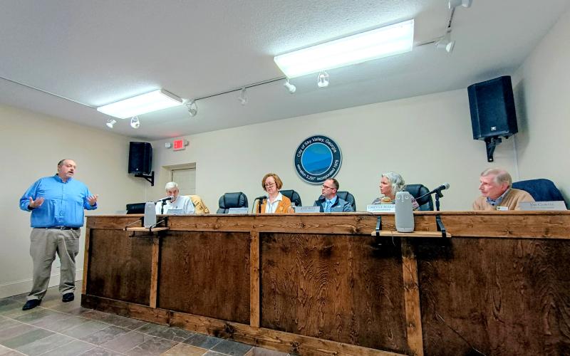 Megan Horn/The Clayton Tribune. Sky Valley City Manager Jason Streetman gives details to council members about $5 million in grant funding available for the proposed sewer project during the March 3 work session.  The next scheduled council meeting is March 17 at the city hall.