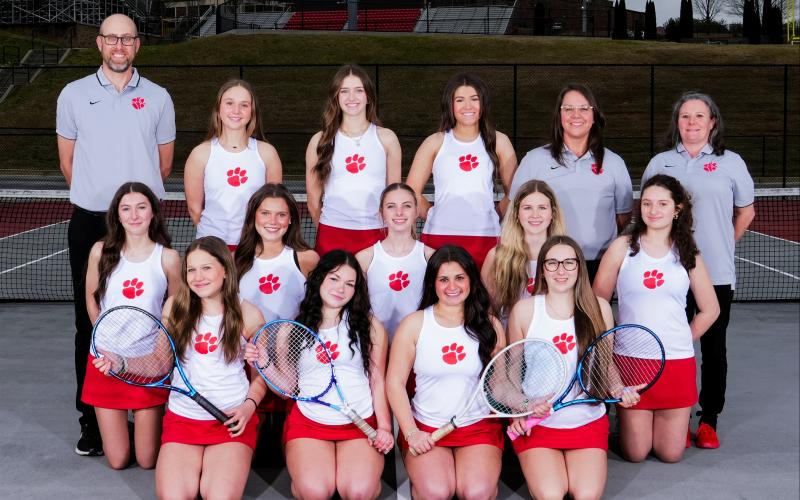 Photo courtesy Rabun County High School. The Lady Cat tennis players are improving each time they take the court. Back Row: Back Row: Head Coach Bryan Getty, Sophie Provance, Cheyenne Queen, Gracie Dunn, Assistant Coach Jenn Ramey and Assistant Coach Lara Quinn. Middle Row: Abby Thurmond, Emma Krivsky, Georgie Herb, Mia Potts and Maddy Lightman. Front Row: Jewels Hutcheson, Vada Fallon, Ella Weber and Caroline Marshall.
