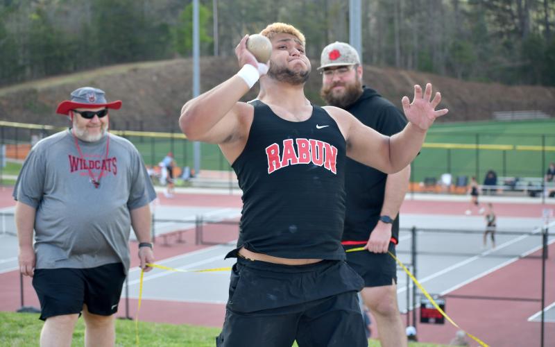 Wesley Branch/The Clayton Tribune. Rabun County sophomore Joseph Gonzalez throws during the shot put at the Bo James Invitational at Rabun County High School on April 2. Gonzalez finished fifth in the event with a distance of  41-10.50.