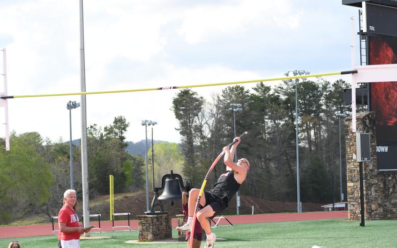 Wesley Branch/The Clayton Tribune. Rabun County freshman Andrew Wall competes during the pole vault at the Bo James invitational at Rabun County high school on April 2. Wall is one of 25 total qualifications for the Wildcats for the sectional meet on May 2 at Bremen High School.