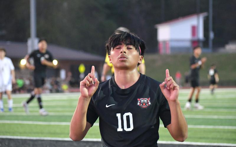 Wesley Branch/The Clayton Tribune. Rabun County sophomore Alan Lozada celebrates after a goal in Rabun County’s 1-0 win versus White County on April 3. The Wildcats will face Athens Academy on April 15 for the region championship.