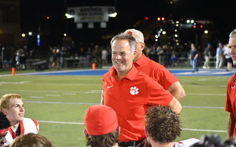 Wesley Branch/The Clayton Tribune. Rabun County head football coach Rance Gillespie smiles while addressing his team after its 14-3 road victory over Bremen on Sept. 12, 2025. Gillespie and the Wildcats will begin spring practice on May 4 in preparation for 2026 and Gillespie’s second season as the RCHS head coach.