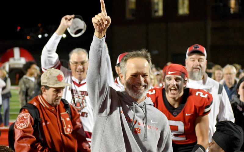 Wesley Branch/The Clayton Tribune. RCHS head football coach Ranch Gillespie celebrates with his team following the Wildcats’ 35-0 playoff win over Berrien County on Nov. 21. The Future Wildcat Kids Camp is set for May 18-19 at the stadium.