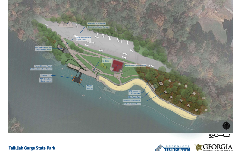 Submitted. A rendering of the Terrora Day Use Area Beach at Tallulah Gorge State Park after construction to become ADA compliant. The area will include improved ADA parking; existing parking to remain; an improved driver to the kayak dock; a life jacket, rack and kayak rental kiosk; kayak storage racks; An ADA compliant kayak launch and another kayak launch; and ADA access to the picnic area and picnic pad; as well as improved picnic pads and refreshed beach sand.