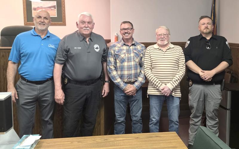 Submitted photo. City of Clayton Mayor Roy Quilliams as well as Council Members Stacy Fountain and Tony Allen along with Lt. Matt Thomas were among city officials present during the swearing-in of Mike Turner as the City of Clayton Police Chief in Probate Judge Savannah Dixon’s courtroom last week.