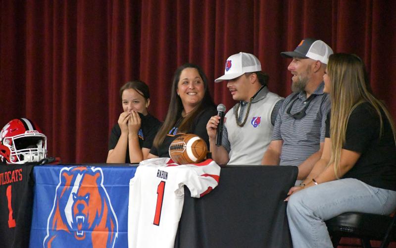 Wesley Branch/The Clayton Tribune. Rabun County senior Lake Evans thanks the many people who helped him in his journey to becoming a collegiate athlete during his signing day ceremony on May 19 at Rabun County High School.