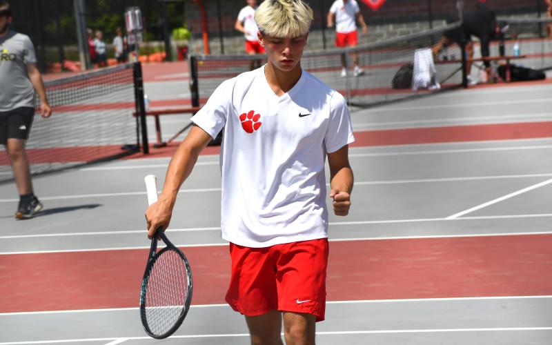 Wesley Branch/The Clayton Tribune.  Rabun County junior Cobe Smith celebrates after earning a point in his singles match versus Swainsboro in the Elite Eight on May 4. Smith and the Wildcats will host Model on Friday at 2:30 p.m. in the Final Four.