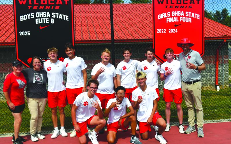 Wesley Branch/The Clayton Tribune. The Rabun County boys tennis team poses for a photo after its 4-0 win over Swainsboro in the Elite Eight at Rabun County High School on May 4. The win for the Wildcats secured their first Final Four appearance in program history for the boys. RCHS will host Model Friday afternoon in the semifinals.