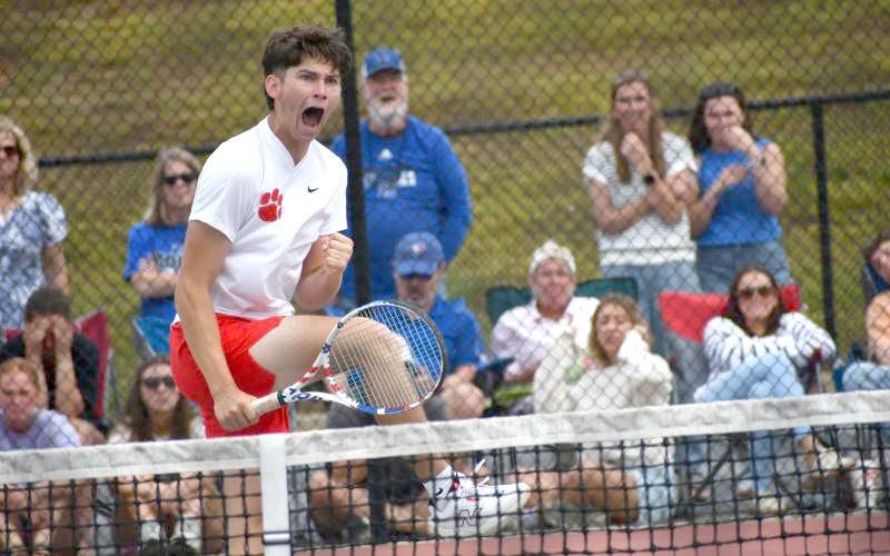 Wesley Branch/The Clayton Tribune. Rabun County senior Brady Darnell celebrates after a point during he and Landan Bedingfield’s doubles match versus Model on May 8 at Rabun County High School. Darnell and Bedingfield secured the match-clinching point.