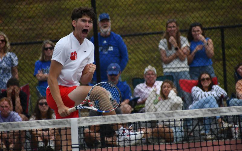 Wesley Branch/The Clayton Tribune. Rabun County senior Brady Darnell celebrates after a point during he and Landan Bedingfield’s doubles match versus Model on May 8 at Rabun County High School. Darnell and Bedingfield secured the match-clinching point.