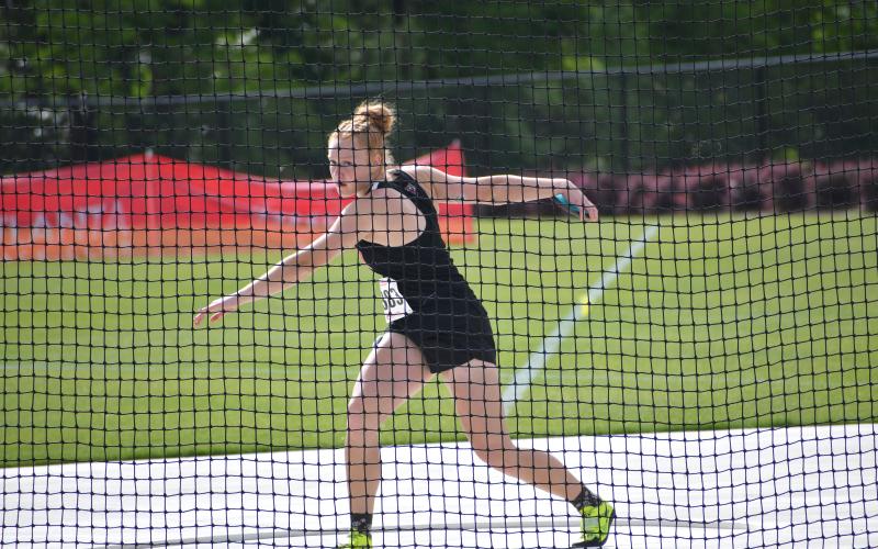Wesley Branch/The Clayton Tribune. Rabun County freshman Irie McElroy competes during the discus at the GHSA state championship meet on May 12 in Athens. McElroy placed fourth in the event in Class A Division I.