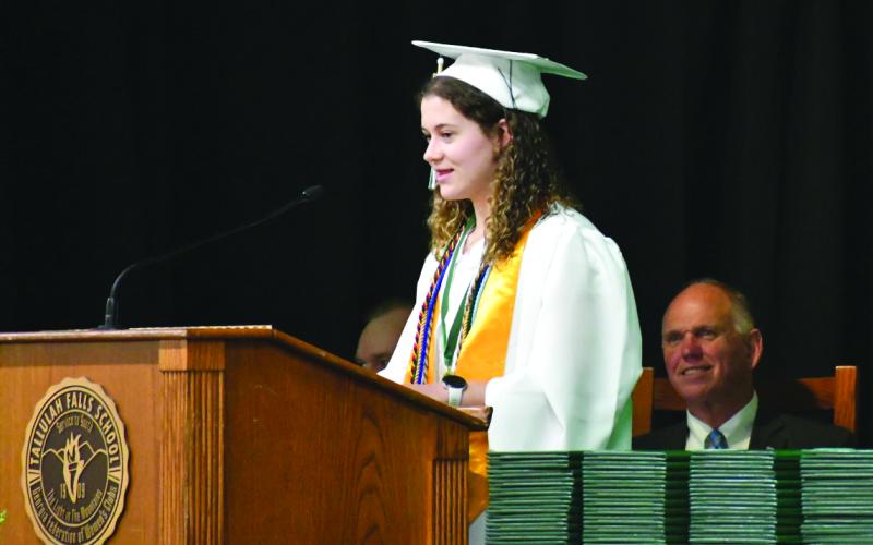 Enoch Autry/The Clayton Tribune.  Valedictorian Carsyn Griffis addresses the Tallulah Falls School Class of 2026 during the morning of May 22.