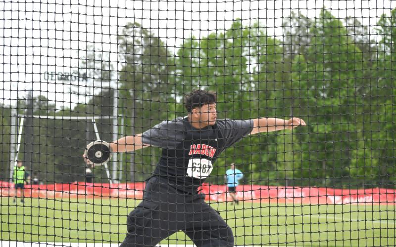 Wesley Branch/The Clayton Tribune. Rabun County senior JP Lopez throws during the discus at the GHSA state championship meet on May 12 in Athens. Lopez finished fifth place in the event.