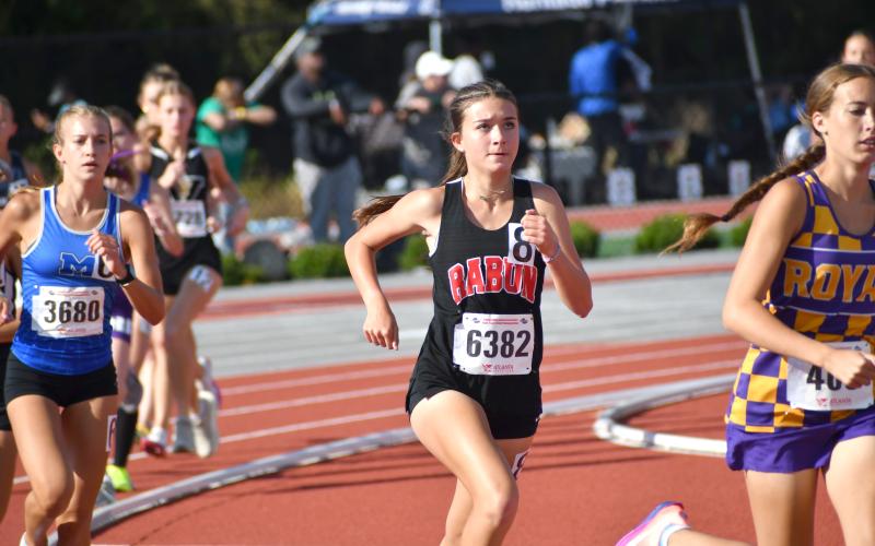 Wesley Branch/The Clayton Tribune. Rabun County freshman Kinley Jones runs during the GHSA state championship meet in Athens on May 12. Jones competed in three events, placing in the top eight in the 3200 and 1600 meter races.