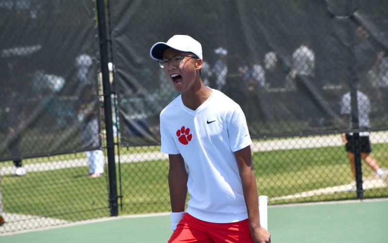 Wesley Branch/The Clayton Tribune. Rabun County freshman Jack Getty celebrates after a point during his match on No. 2 singles versus Brantley County in the state championship on May 13 at the Rome Tennis Center.