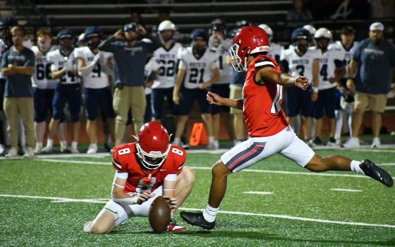 Wesley Branch/The Clayton Tribune. Rabun County rising senior Bryan Avila loads up for his game-winning 38-yard field goal versus White County on May 15 in the Wildcats’ spring scrimmage.