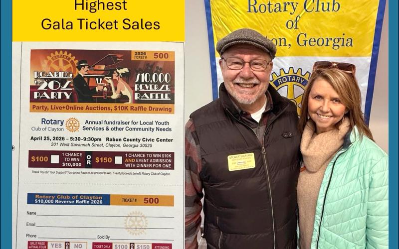 Submitted photo. Stewart and Candy Harvard had the highest ticket sales for the April 25 Rotary Club of Clayton’s Roaring 20s Murder Mystery Gala event, selling 91 tickets valued at approximately $10,000.