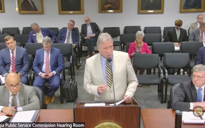 Submitted. Rabun County Commission Chairman Greg James talks before the panel at the PSC Hearing about storms.