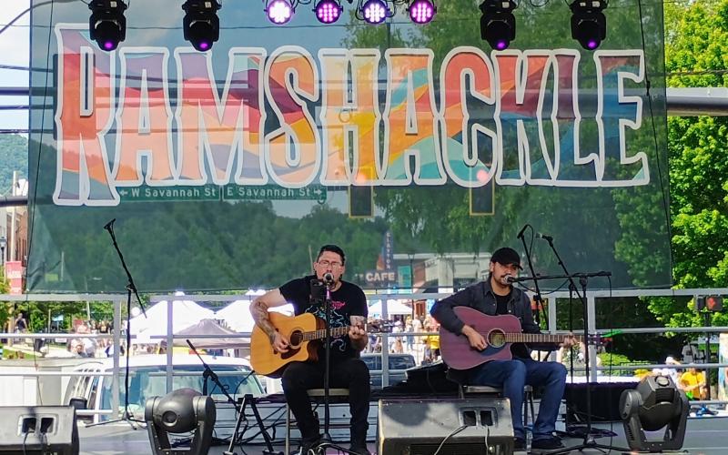 Megan Horn/The Clayton Tribune. The duo “adam and jo music” performs on the Main Stage at Ramshackle 2026.