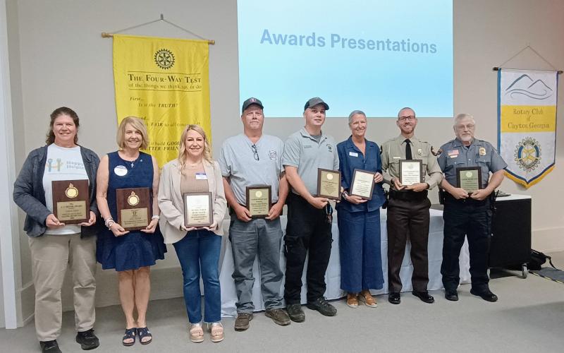 Megan Horn/The Clayton Tribune. Pictured are Laura Lane, awarded the J.C. Dover Award; Amy Hulett, awarded the Gold “R” Award; Ashley York, awarded The Wheel Award; Captain Josh Bleckley, 2026 Fireman of the Year; Tate Nichols, 2026 EMT/Paramedic of the Year; Caroline Wallis, awarded The Wheel Award; Rabun County Sheriff’s Office Deputy Mike Rodriguez, 2026 Police Officer of the Year; and Sky Valley Police Department Lt. David Edwards, 2026 Police Officer of the Year.